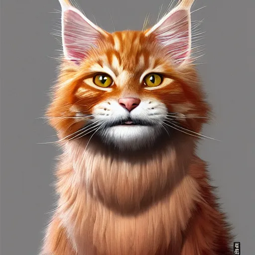 Image similar to orange maine coon, norwegian forest cat, cuddly fur, pixar cute, highly detailed, sharp focus, digital painting, artwork by Victor Adame Minguez + Yuumei + Tom Lovell + Sandro Botticelli