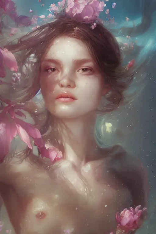 Image similar to face closeup a young beautiful girl nymph drowned in water, underwater photography,, 3 d render, hyper realistic detailed portrait, holding magic flowers, ruan jia, wlop. scifi, fantasy, hyper detailed, octane render, concept art, by peter mohrbacher, by wlop, by ruan jia