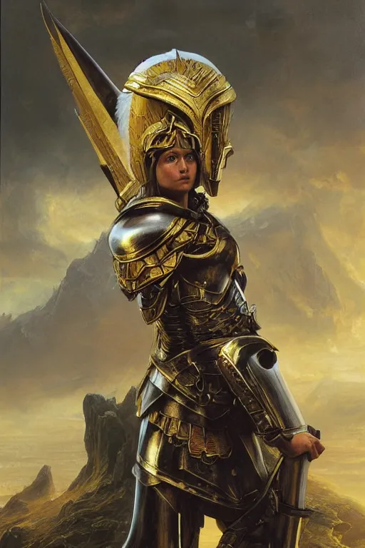 Image similar to a beautiful valkyrie , half body portrait, blond hair, heavy gold armour, realistic oil painting by Thomas Cole and Wayne Barlowe and Boris Valejo