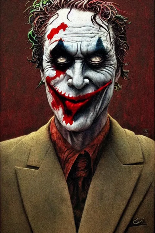 Image similar to Joker, dc comics, dark, painted by Zdislav Beksinski