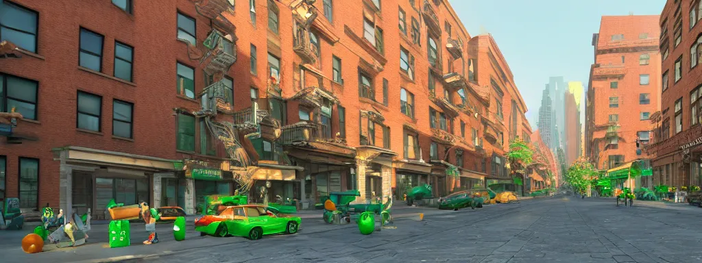 Prompt: realistic new york city street brooklyn, with large 3 d green pipes from super mario scattered on the buildings and on the street, sunny day, concept art on artstation, hyperdetailed, vray render, octane render,