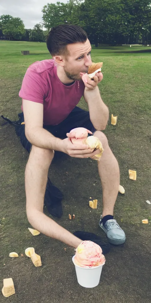 Image similar to colour photograph of a 3 0 year old british man eating ice cream at the park