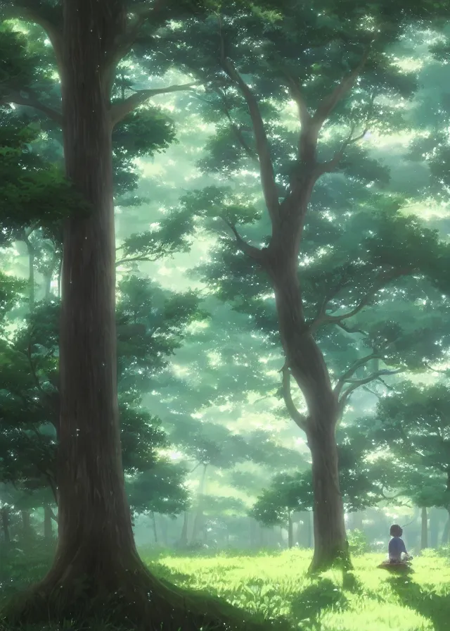 Image similar to grand green tree in a forest, makoto shinkai