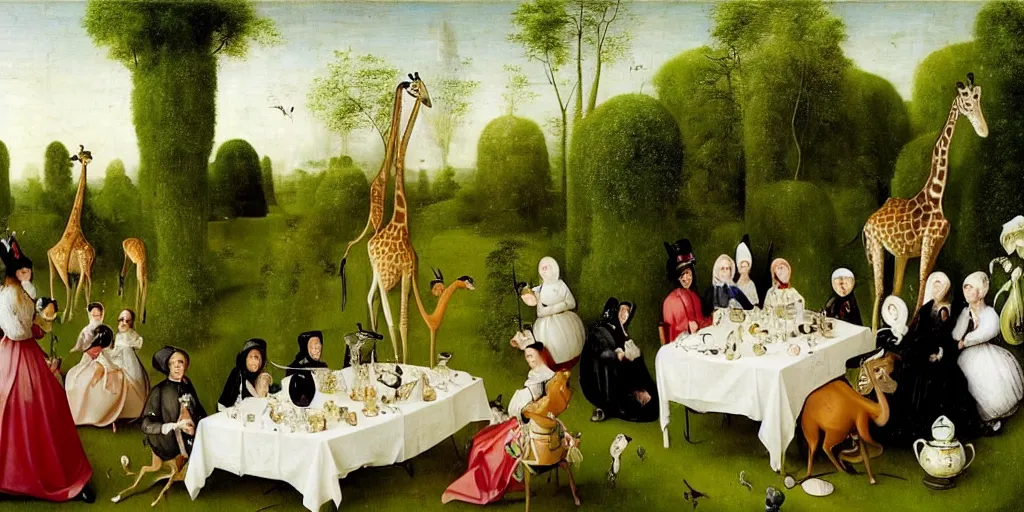 Prompt: elegant victorian tea party with giraffes in a topiary english garden, hyper realistic hieronymus bosch - h 7 6 8