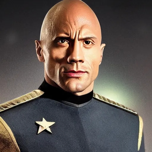 Prompt: a full body portrait of the rock as a star fleet officer from star trek next generation dressed in full uniform, ultra rendered extreme realism and detail, 8 k, highly detailed, realistic, completely framed, hyper realistic, colorful, direct lighting, 3 5 mm photo, photorealistic, sharp focus