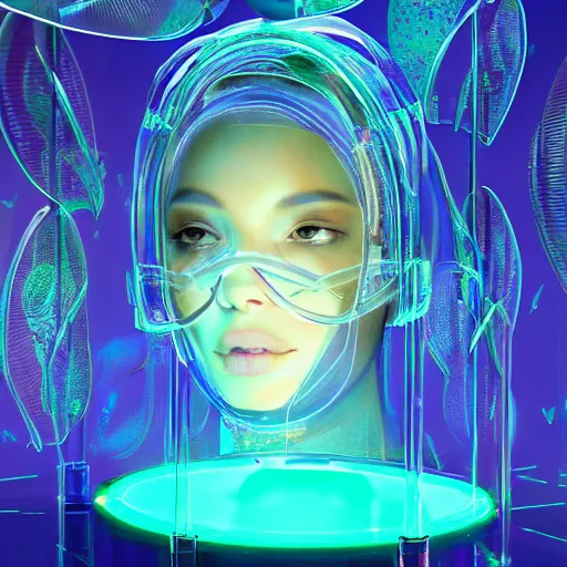 Prompt: a very beautiful glossy glass cyborg made of transparent glossy glass skin surrounded with glowing butterflies inside an incubator of a futuristic hospital bio lab, rendered by beeple, by makoto shinkai, by syd meade, by android jones, by yoanne lossel, space art concept, sci - fi, digital art, unreal engine, wlop, trending on artstation