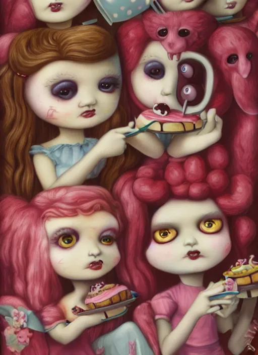 Image similar to fnafs eating cakes painted by mark ryden, detailed digital art, trending on Artstation