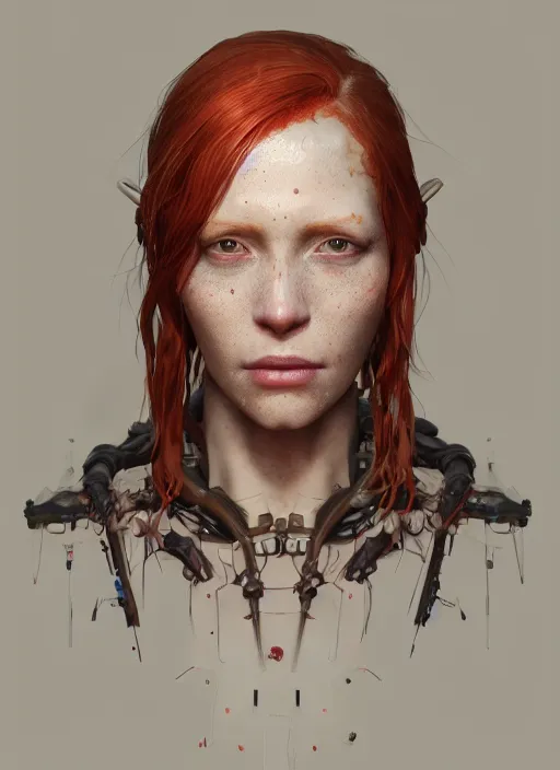 Image similar to biopunk lovecraft portrait of redhead, au naturel, hyper detailed, digital art, trending in artstation, cinematic lighting, studio quality, smooth render, unreal engine 5 rendered, octane rendered, art style by klimt and nixeu and ian sprigger and wlop and krenz cushart.