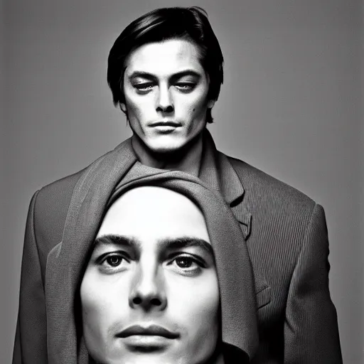 Prompt: stunning symmetrical portrait of alain delon in front of a ( ( ( tall moog synthesizer ) ) ), high contrast grainy blank and white photography print ilford warm tone, huge modular synthesizer