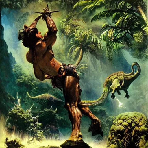 Image similar to an adventurer descends to the hollow earth, action shot, tropical forest, dinosaurs, intense lighting, painting by Frank Frazetta