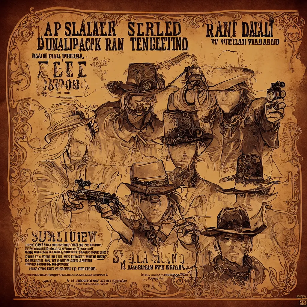 Image similar to solarpunk steampunk spaghetti western wanted poster, header wanted the RANDEL BROTHERS dead or alive, medieval trending on artgerm