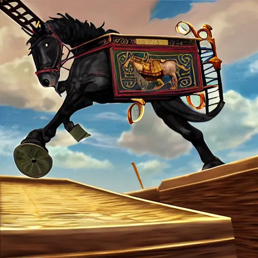 Prompt: roman chariot drawn by horse jumping a half pipe, intense, fish lense, style of Tony Hawk pro skater