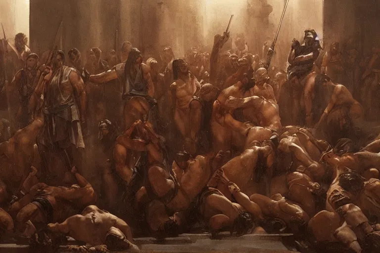 Image similar to Movie scenes of Romans public executions 100 AD, in the style of Greg Rutkowski and Michelangelo and Eugène Delacroix, extremely moody lighting, glowing light and shadow, atmospheric, shadowy, cinematic