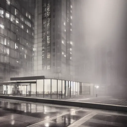 Image similar to modern high end designer restaurant at night in the foggy rain, symmetrical art deco office building with accent lighting, moody, epic composition, professional photograph, highly detailed, warm lighting interior, matte painting, large windows, large statue with wings, dramatic lighting, unreal engine, pastels