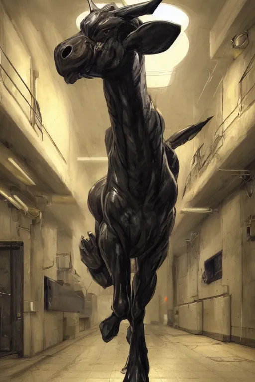 Prompt: a exaggeratedly muscled black - coated anthropomorphic horse wearing a skintight tactical clothing, test subject supersoldier, in a corridor of a research facility, game character, highly detailed, digital painting, artstation, concept art, illustration, art by artgerm, greg rutkowski, wlop