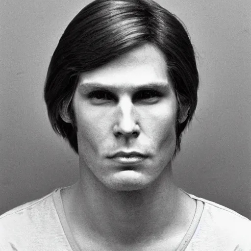 Image similar to A mugshot portrait of a man who looks like Jerma985 with medium length wavy hair, a combover and wearing late 1970s menswear in the late 1970s, taken in the late 1970s, grainy, realistic, hyperrealistic, very realistic, highly detailed, very detailed, extremely detailed, detailed, trending on artstation, front facing, front view, headshot and bodyshot, detailed face, very detailed face