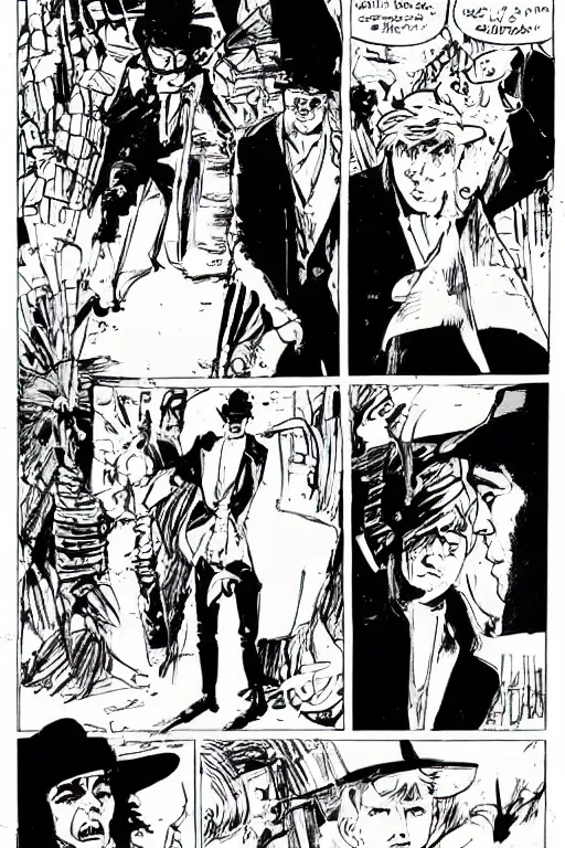 Image similar to sandman vs corto maltese, comic book page, art by hugo pratt