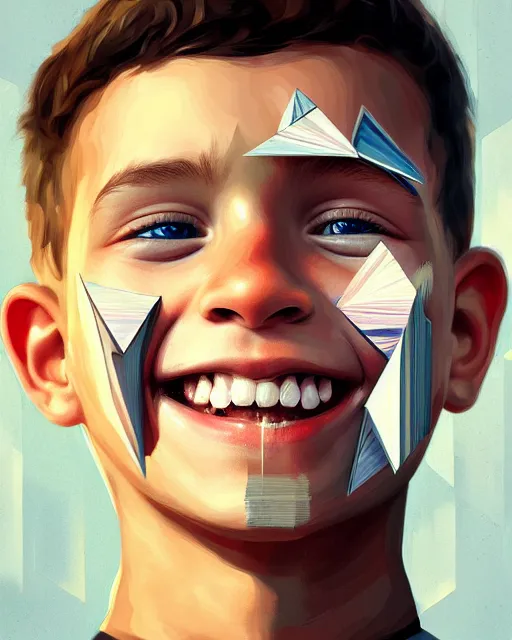 Prompt: digital painting, of smiling boy, shards of time, medium closd - up, illustration, highly detailed, simple, no jagged lines, smooth, artstation, artwork by obey, artwork by sandra chevrier