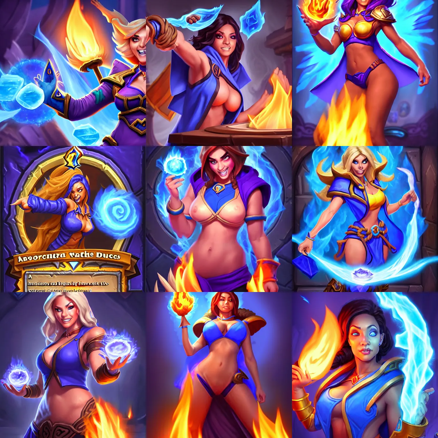 Prompt: Who : a mage with a blue robe casting a fire ball; Physical : Ella Knox & Beverly Paige exact same body ; IMPORTANT : Hearthstone official splash art, award winning, award winning on Hearthstone characters art