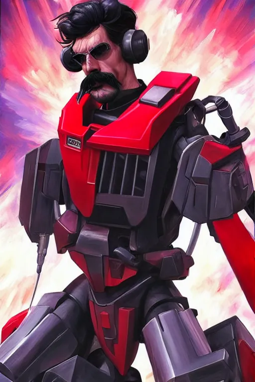 Image similar to drdisrespect as a gundam, huge mustache, action pose, breath taking, 4 k, hd 2 0 2 2 3 d cgi rtx hdr style chrome reflexion glow fanart, global illumination ray tracing hdr fanart arstation by ian pesty by jesper ejsing pixar and disney unreal zbrush central hardmesh