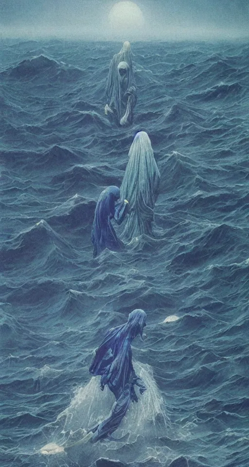 Prompt: worshippers in robes belonging to the cult of the ocean surfing in waves, on a shore, high detatiled beksinski painting, part by adrian ghenie and gerhard richter. art by takato yamamoto. masterpiece, deep colours, blue