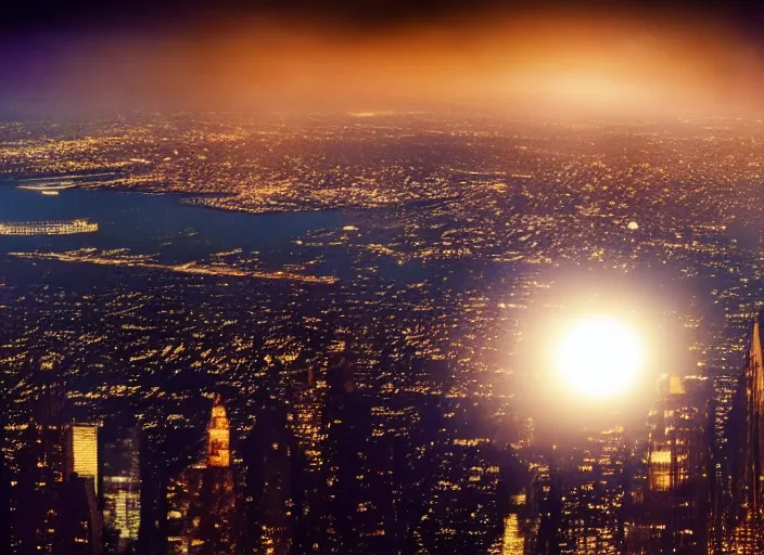 Image similar to film still of the moon breaking into pieces over manhatten in the new disaster movie, 8 k, night time