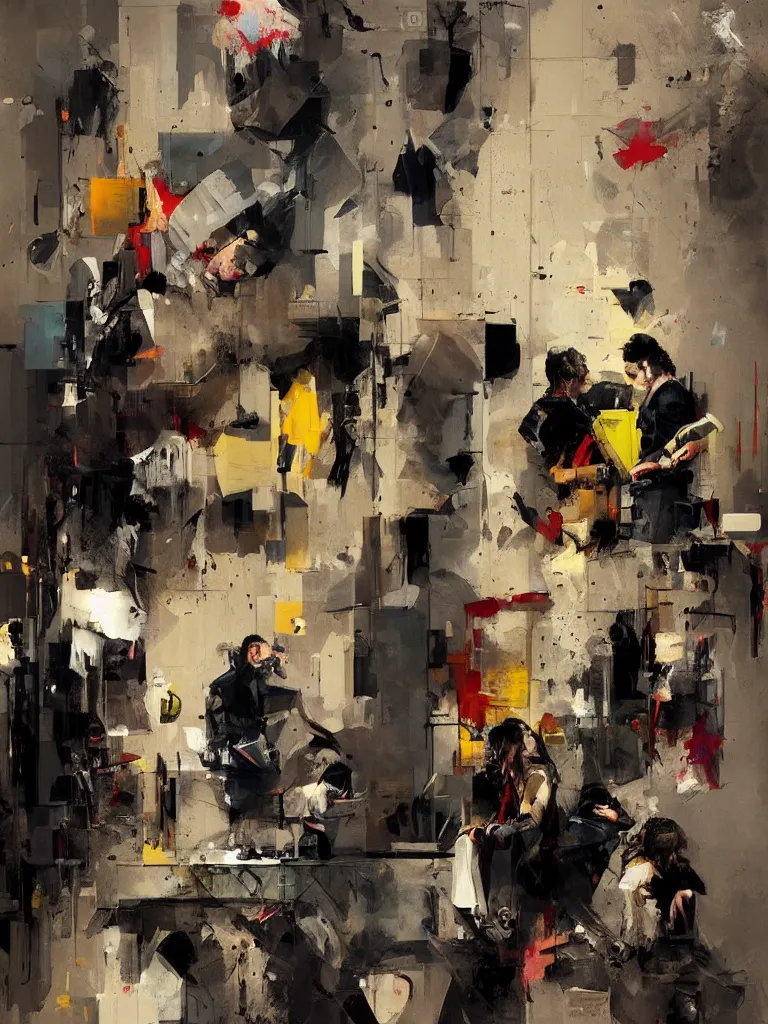 Image similar to a beautiful picture by joram roukes of people looking at their phone in a bathroom, color bleeding, brushstrokes by jeremy mann