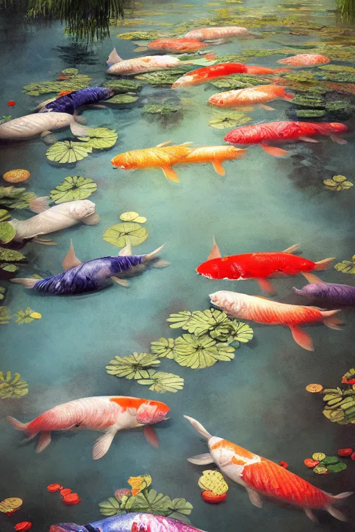 Image similar to nenufar in a pond surrounded by koi carp, colorful, blue backgroung,clean, joyful, intricate, elegant, volumetric lighting, scenery, digital painting, highly detailed, artstation, sharp focus, illustration, concept art, ruan jia, steve mccurry