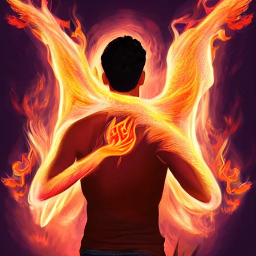 Prompt: beautiful young man from behind with flames coming out of hands flying at the end of the world, very detailed, realistic, symmetrical face, art by digital painting