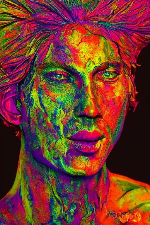 Image similar to psychedelic melting wax face, close up shot, diffuse lighting, intricate, elegant, highly detailed portrait, lifelike, photorealistic, digital painting, smooth, sharp focus