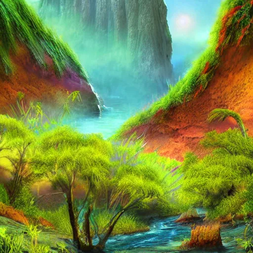 Image similar to digital painting of a lush natural scene on an alien planet by harlew flume. digital render. detailed. beautiful landscape. colourful weird vegetation. cliffs and water.