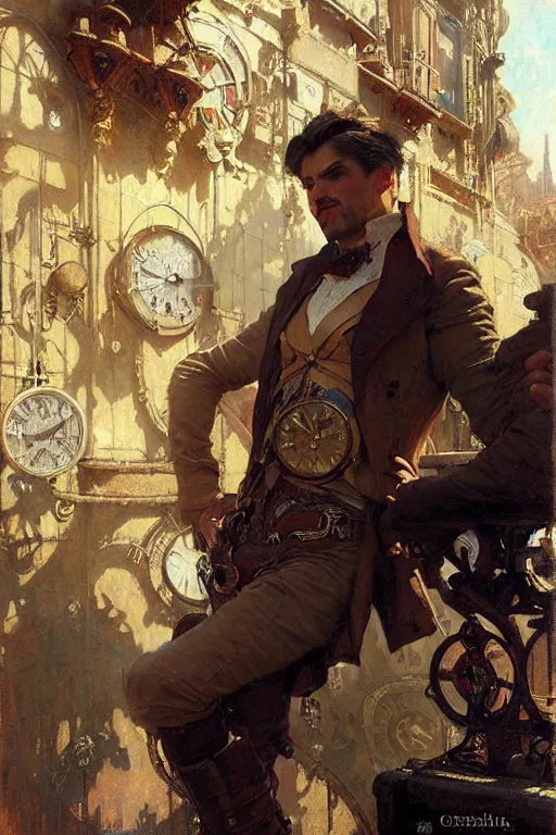 Image similar to attractive man, steampunk style, painting by gaston bussiere, craig mullins, greg rutkowski, alphonse mucha