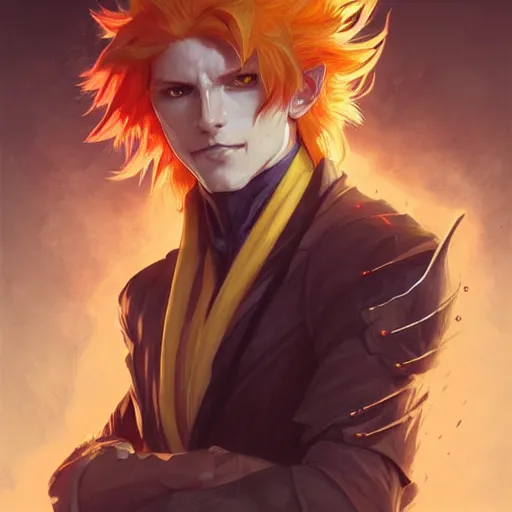 Image similar to portrait of hisoka hunter hunter, male, upper body sharp jaw yellow eyes small eyes red hair, long hair, anime, fantasy, intricate, elegant, highly detailed, digital painting, artstation, concept art, matte, sharp focus, illustration, art by artgerm and greg rutkowski and alphonse mucha