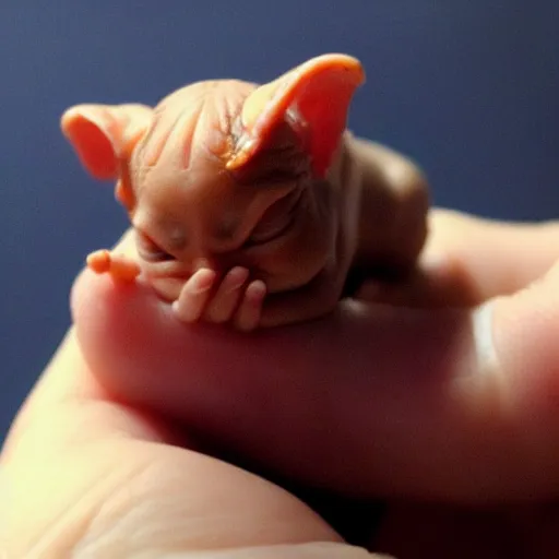 Image similar to a tiny baby demon in the palm of a person's hand, super cute