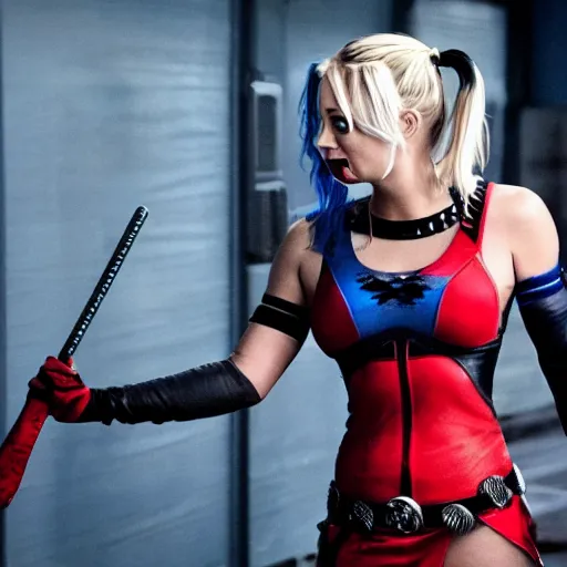 Image similar to A still of Kaley Cuoco as Harley Quinn