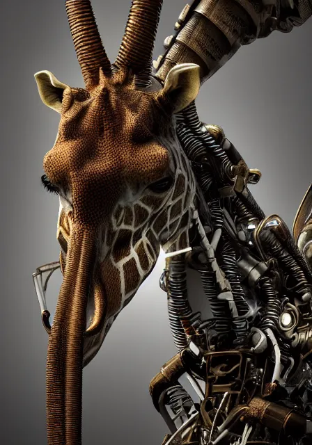 Prompt: complex 3 d render hyper detail portrait of a mechanical giraffe cyborg, sci fi, full body, intricate, art by kazuhiko nakamura and hajime sorayama, 8 k octane detailed render, post - processing, extremely hyperdetailed, intricate futuristic mechanic parts, maya, dark background, sharp focus, blender, cinematic lighting + masterpiece, trending on artstation