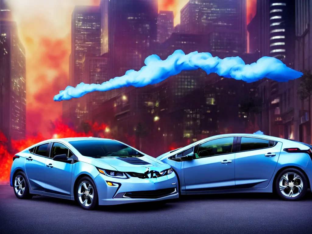 Image similar to chevy volt close up with a city street background, smoke, fi, chrome, shiny, reflective, metallic, 3 d, render, realistic, hdr, stan winston studios, dramatic lighting, flame colors bright
