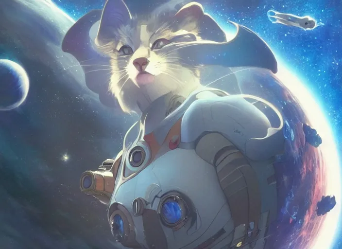 Image similar to a space cat staring role in a musical sci - fi space opera ghibli animated film, volumetric lighting, octane render by stanley artgerm lau, greg rutkowski, thomas kindkade, alphonse mucha, loish, norman rockwel,