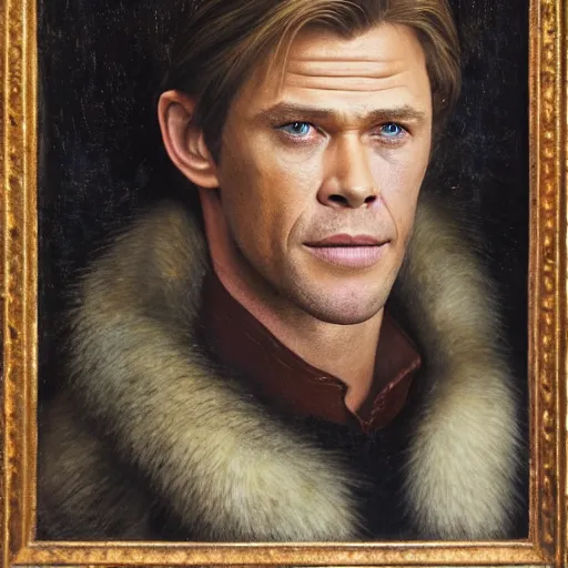 Image similar to portrait of chris hemsworth combined with willem dafoe and steve buscemi, oil painting by jan van eyck, northern renaissance art, oil on canvas, wet - on - wet technique, realistic, expressive emotions, intricate textures, illusionistic detail