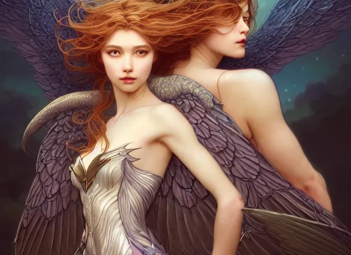 Image similar to portrait of 3 women with flowy hair, wings, confident pose, pixie, genshin impact, intricate, elegant, sharp focus, soft bokeh, illustration, highly detailed, concept art, matte, trending on artstation, bright colors, art by wlop and artgerm and greg rutkowski, mucha, giger, marvel comics