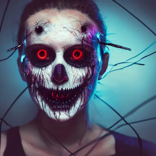 Prompt: a terrifying woman, wires for hair, glowing eyes, razor sharp teeth, horror, studio lighting, 8 5 mm f / 1. 8, cyberpunk, art by, masterpiece, trending, highly detailed, realistic