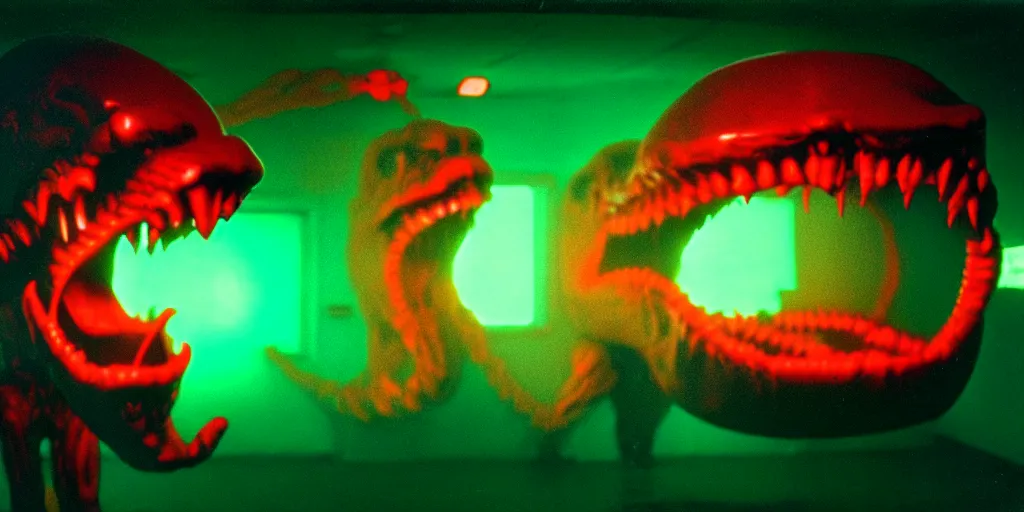 Image similar to photograph of the full body of a screaming and angry dangerous shape shifting alien creature, with multiple mutated snarling drooling, inside of a 1 9 7 0 s science lab, neon lights, dirty, ektachrome photograph, volumetric lighting, f 8 aperture, cinematic eastman 5 3 8 4 film