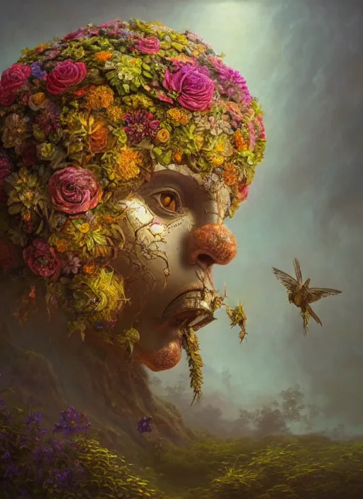 Prompt: helmet of a forgotten deity made of flowers, in the style of tomasz alen kopera and fenghua zhong and peter mohrbacher, mystical colors, rim light, beautiful lighting, 8 k, stunning scene, raytracing, octane, trending on artstation