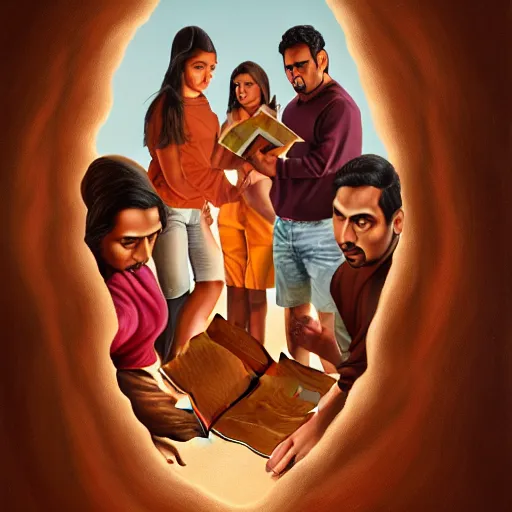 Image similar to a painting of three brown men and a brown woman emerging out of a giant open book, hyperrealistic faces, detailed digital art, aesthetic!, trending on artstation, anatomically correct