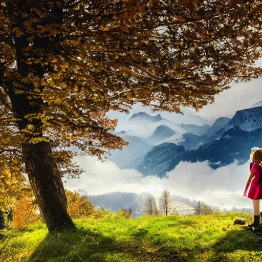 Image similar to a beautiful photograph of a girl with switzerland landscape in the background with trees, hdr, 8 k, high quality, sharp focus, artstation, highly detailed, award - winning, dramatic lighting, beautiful clouds, and nature