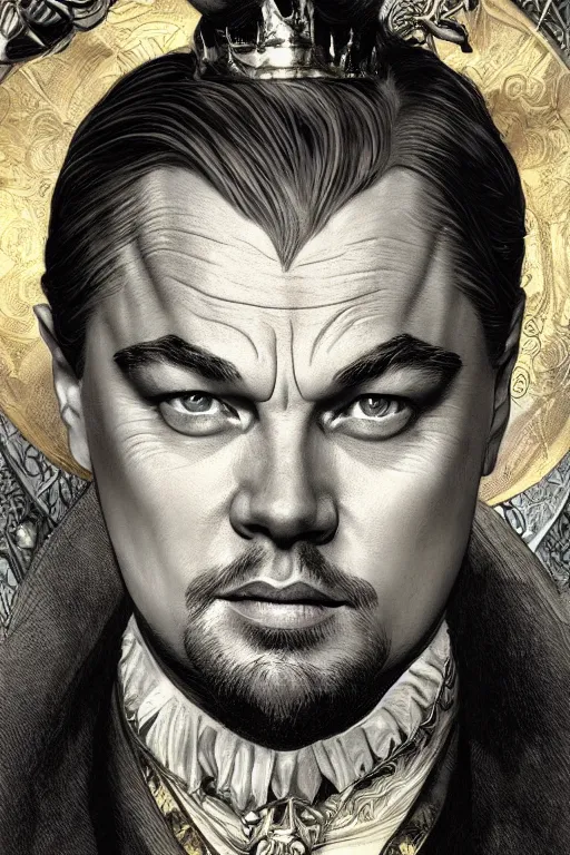 Image similar to Leonardo DiCaprio as a jester, detailed full body portrait by james gurney and artgerm and Mucha, amazing detail, intricate, stunning inking lines, 4K, character design, concept art