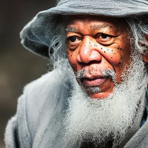 Prompt: morgan freeman starring as gandalf in lord of the rings, ( eos 5 ds r, iso 1 0 0, f / 8, 1 / 1 2 5, 8 4 mm, postprocessed, crisp face, facial features )