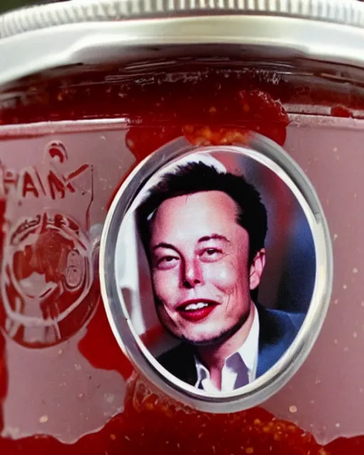 Prompt: elon musk!!! stuck!!! in a jar of strawberry jam