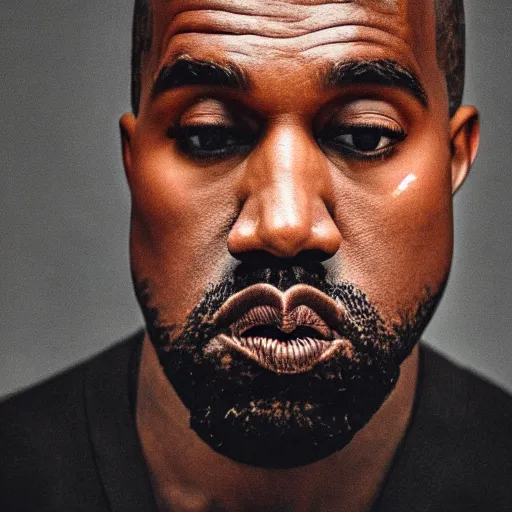 Image similar to the face of kanye west wearing yeezy clothing at 3 8 years old, portrait by julia cameron, chiaroscuro lighting, shallow depth of field, 8 0 mm, f 1. 8