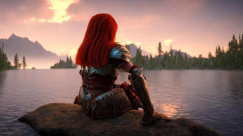 Image similar to beautiful female redhead elf warrior wearing armor, sitting next to a beautiful lake at sunset, enjoying the wind, looking at the water. 8k ultra realistic, award winning, unreal engine 5, masterpiece, atmosphere glow, hyperrealistic, focused, extreme details, cinematic